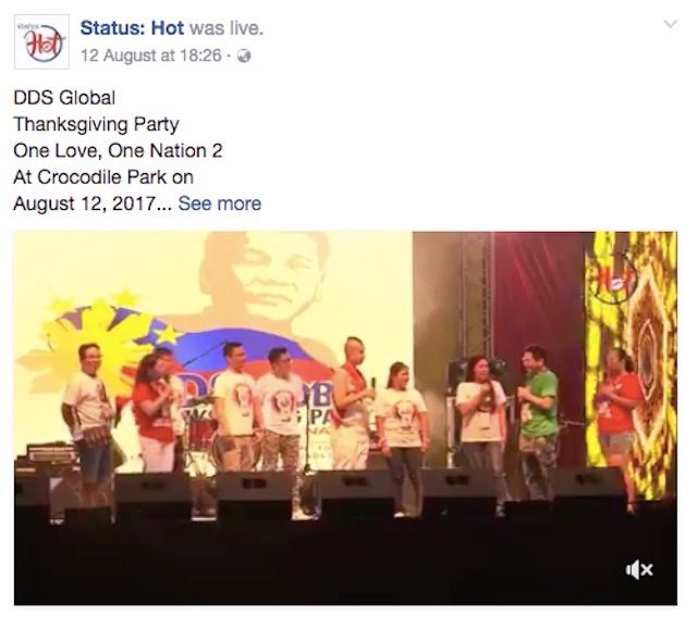 GOV'T RESOURCES. Status:Hot bloggers use RTVM resources for their global DDS party. Screenshot of livestream from Status:Hot Facebook page  