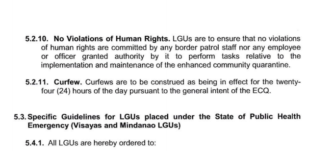 EXPLICIT. The DILG memo states that there should be no human rights violations under the community quarantine in Luzon. Screenshot from DILG Memo 2020-062 