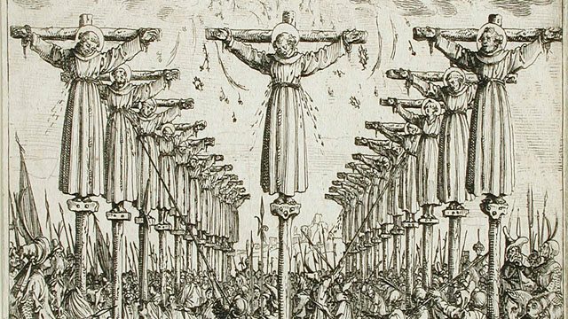 A EUROPEAN ENGRAVING OF 26 MARTYRS who were crucified in Nagasaki, Japan in 1597.  Image from Wikimedia Commons.