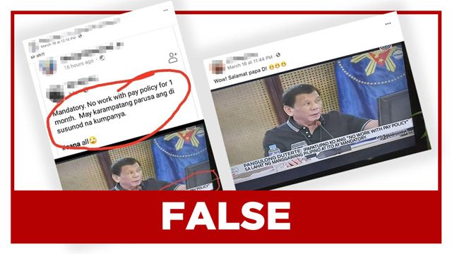 FALSE: Duterte orders mandatory ‘no work, with pay’ policy for a month