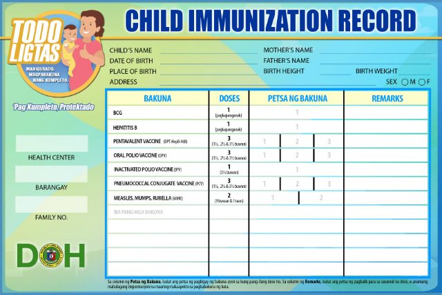 SAFE. A child immunization record given by the Department of Health. Photo from DOH website 