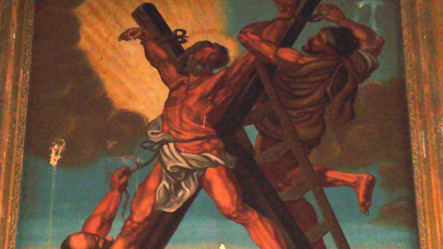 ST. ANDREW'S MARTYRDOM on an x-shaped cross gave the cross its name. Image from Wikimedia Commons.