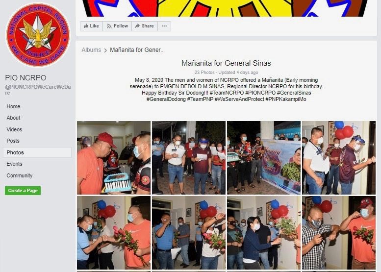 OFFICIAL PHOTOS. The photos reported by Rappler are all from the NCRPO's official Facebook page. The post on Sinas' birthday has been deleted since. Rappler screenshot 