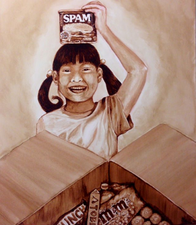 BALIKBAYAN BOX. A young Filipina holds a can of spam on her head, a staple in balikbayan boxes  