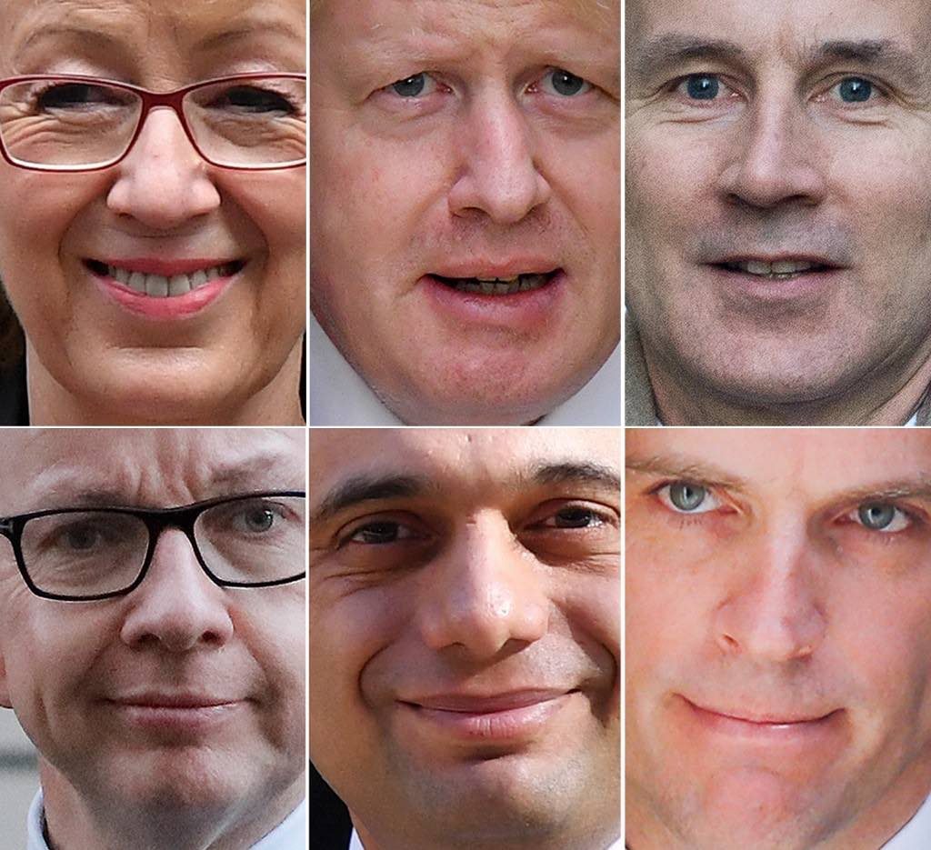 CONTENDERS. A combination of pictures created in London on May 24, 2019 shows recent pictures of the six main contenders to replace Britain's Prime Minister Theresa May (top L-R) former leader of the House of Commons Angela Leadsom; former foreign secretary Boris Johnson; Britain's Foreign Secretary Jeremy Hunt; (bottom L-R) Britain's Environment, Food and Rural Affairs Secretary Michael Gove; Britain's Home Secretary Sajid Javid and former Brexit secretary Dominic Raab all pictured leaving 10 Downing Street, central London. Photo from AFP  