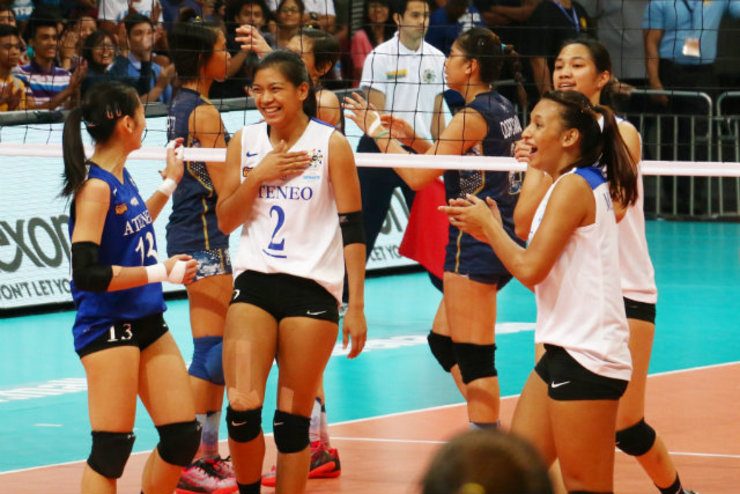 HAPPY, UNITY, HEART STRONG. The Lady Eagles' mantra was on full display in their first game as they played loose and relaxed. Photo by Josh Albelda/Rappler