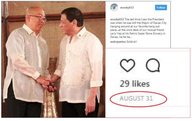 PHOTO IN PALACE. This photo, also presented by Senator Antonio Trillanes IV in a Senate privilege speech, shows President Rodrigo Duterte and Daniel 'Snooky' Cruz shaking hands in Malacañang. Photo from Trillanes' PowerPoint presentation   