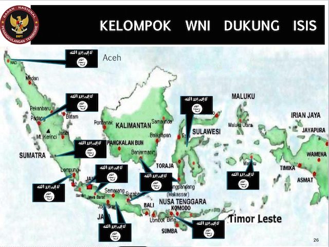 Slide from a presentation by the Indonesian National Counter-terrorism Agency (BNPT) showing where ISIS supporters are in Indonesia. 