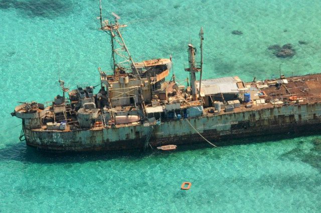 PHILIPPINES' GUARDIAN. An aerial view shows the BRP Sierra Madre that has been grounded since 1999 to assert the Philippines' sovereignty over Ayungin Shoal. File photo by Jay Directo/AFP 