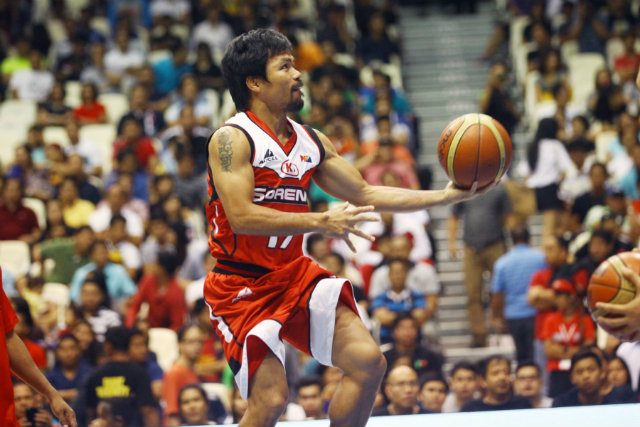 Manny Pacquiao rises to the rim for a layup during warm-ups of his first PBA game. Photo by Josh Albelda