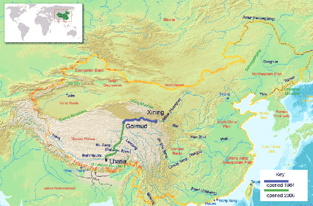 The Qinghai-Tibet railway map from Wikipedia 