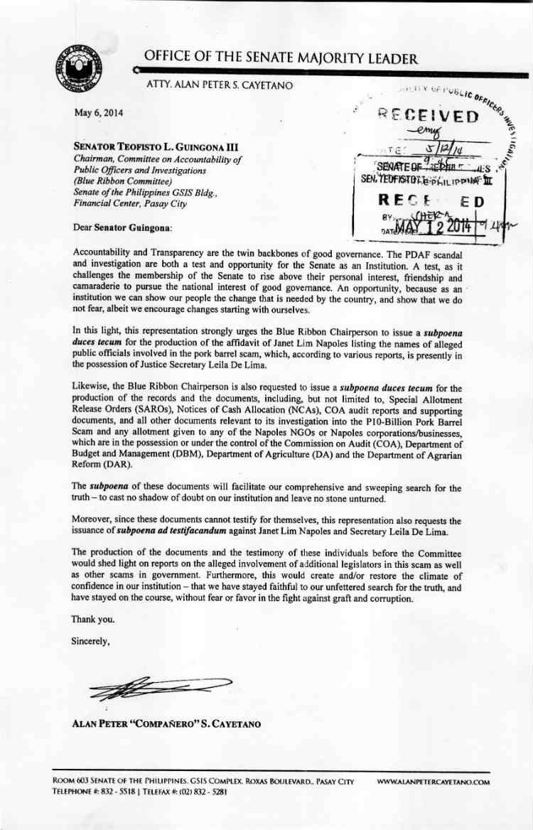 Copy of Cayetano's letter to Guingona