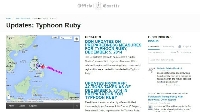 UPDATES. The Official Gazette of the Philippines dedicates a page for Typhoon Ruby updates.