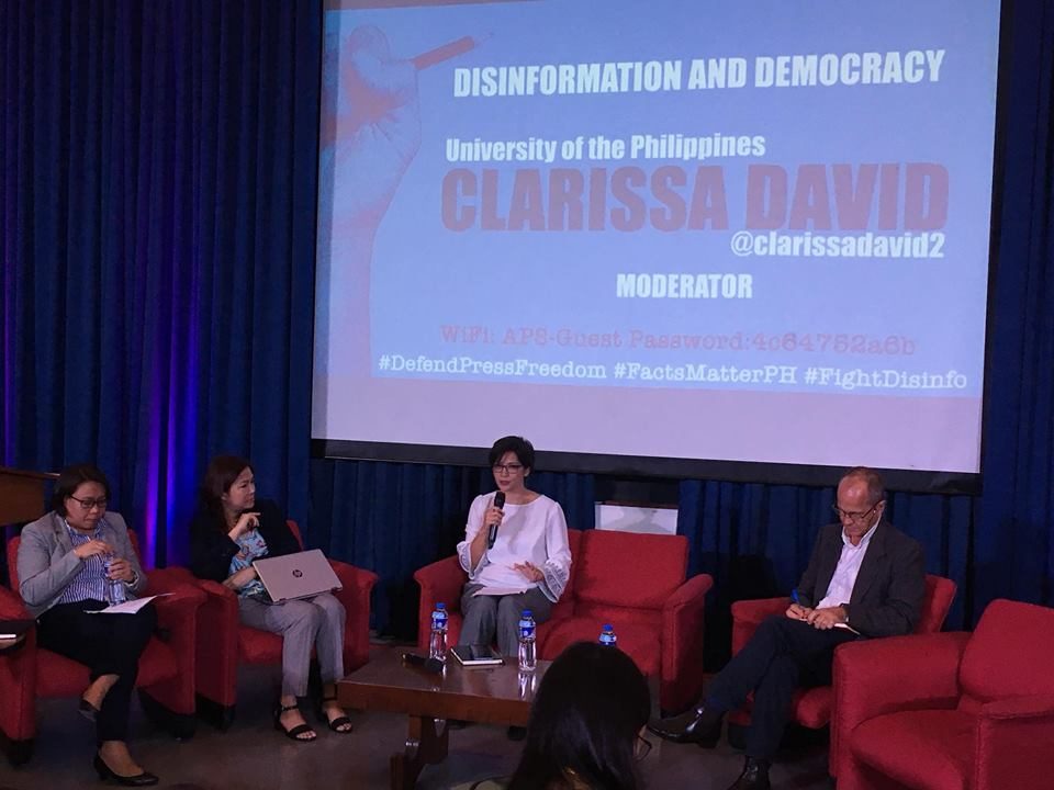 FAKE NEWS. Panelists Cheryll Ruth Soriano, Jean Encinas-Franco and Peter Greste together with moderator Clarissa David. Photo by Jed Asaph Cortes 
