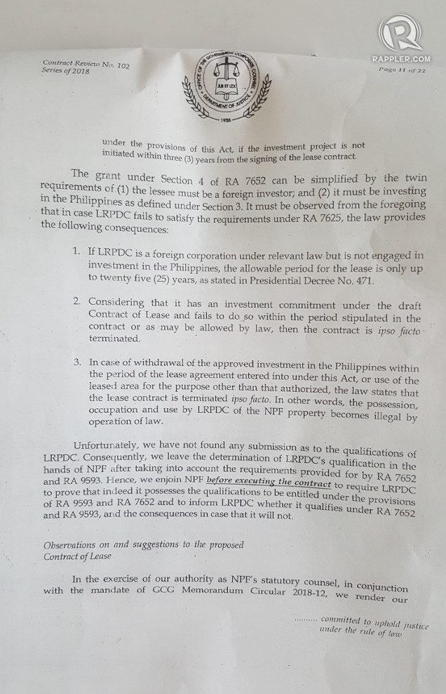 Portion of the legal review that states that LRPDC is limited to a 25-year lease if it is a foreign investor but not engaged in investment in the Philippines based on Investors' Lease Act 