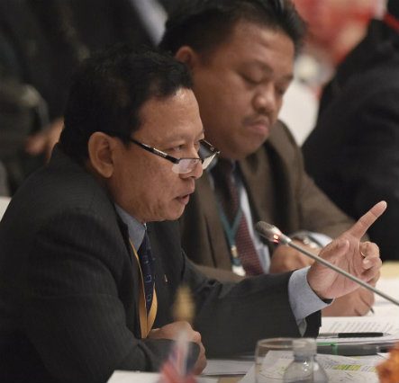 IN DENIAL. Myanmar's Foreign Ministry Director-General Htin Lynn rebukes the UN for “singling out” his country at an international meeting on the Rohingya crisis in Bangkok on May 29. Photo by Christophe Archambault/AFP  