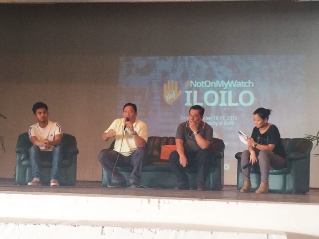 FIGHTING CORRUPTION. JC Alejandro of Kabataan party list, JJ Cordova of the Jaro Archdiocese Social Action Center, and Rex Donasco of the Association of Stall Owners and Transient Vendors share their anti-corruption efforts during the #NotOnMyWatch forum at the PHINMA University of Iloilo on November 19, 2016. Michael Bueza/Rappler 