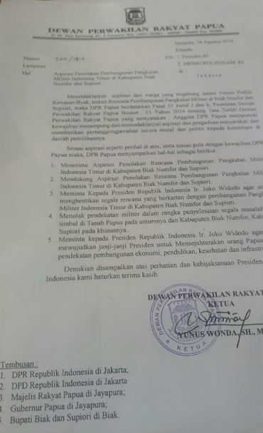 Surat penolakan dari anggota DPR Papua terhadapa rencana pembangunan pangkalan militer di Biak, Papua.  