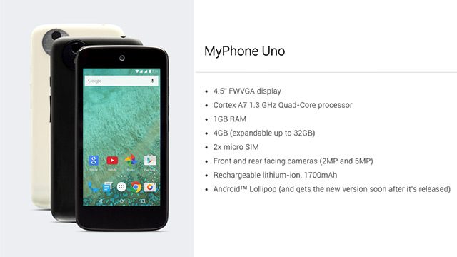 MYPHONE UNO. Screen shots from Android One website 