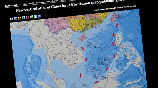 NEW MAP. A new Chinese map shows a 10-dash line to claim virtually the entire South China Sea. Screen grab from news.xinhuanet.com/Image edited by Rappler 