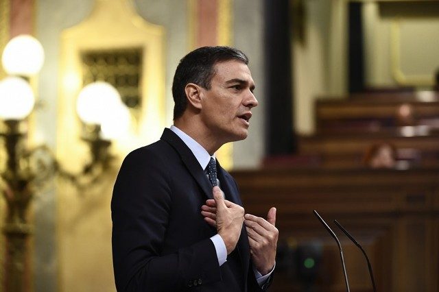 NEW TERM. Spanish Prime Minister Pedro Sanchez delivers a speech in June 2019. File photo by Oscar Del Pozo/AFP  
