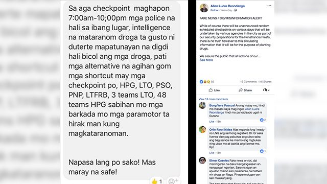 Bicol officials deny ‘tanim droga’ at Naga checkpoints