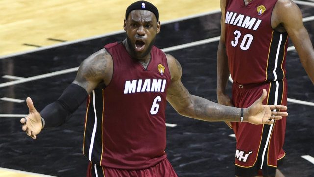 LeBron James of the Miami Heat reacts incredulously to a call in the first half. Photo by John G. Mabanglo/EPA