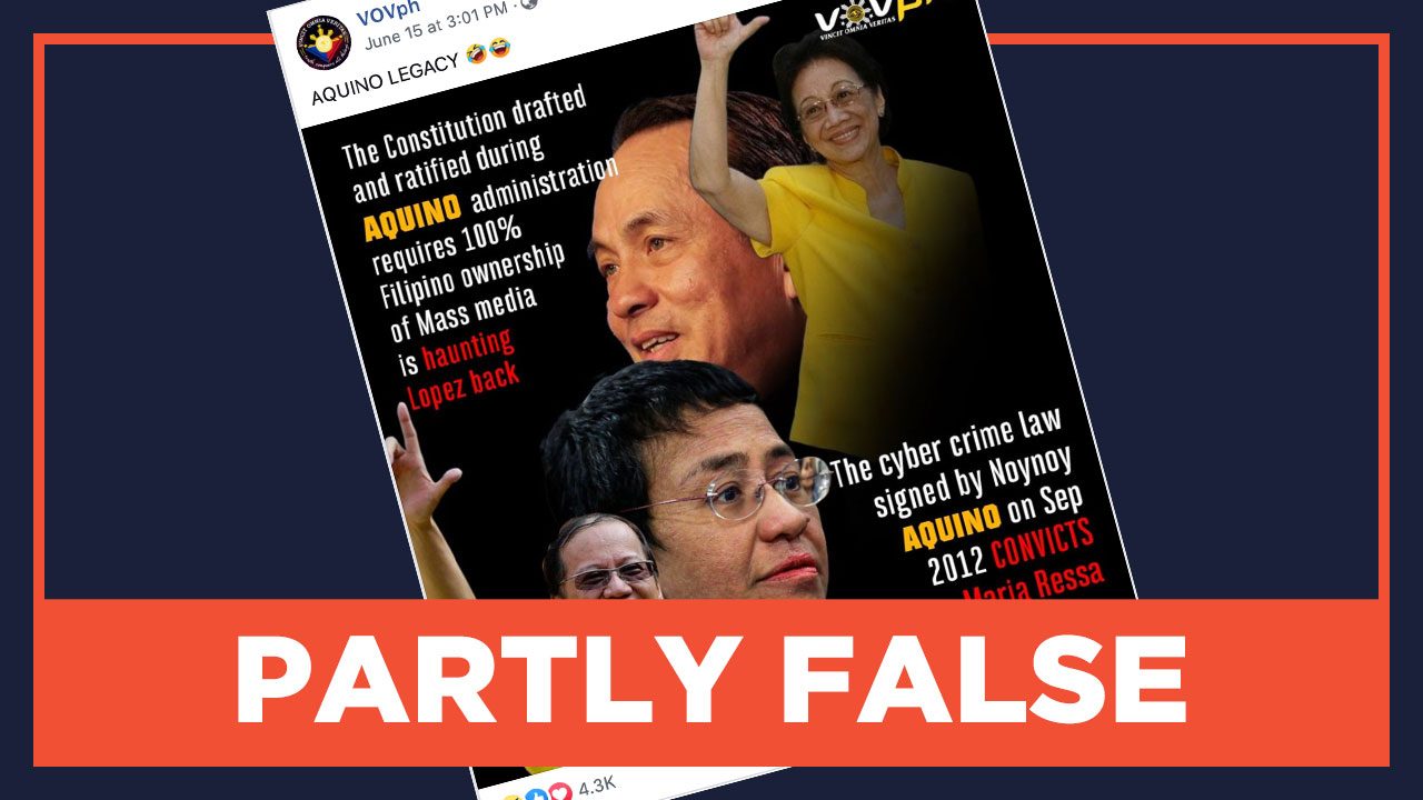 PARTLY FALSE: Cory Aquino to blame for media ownership provision in 1987 Constitution