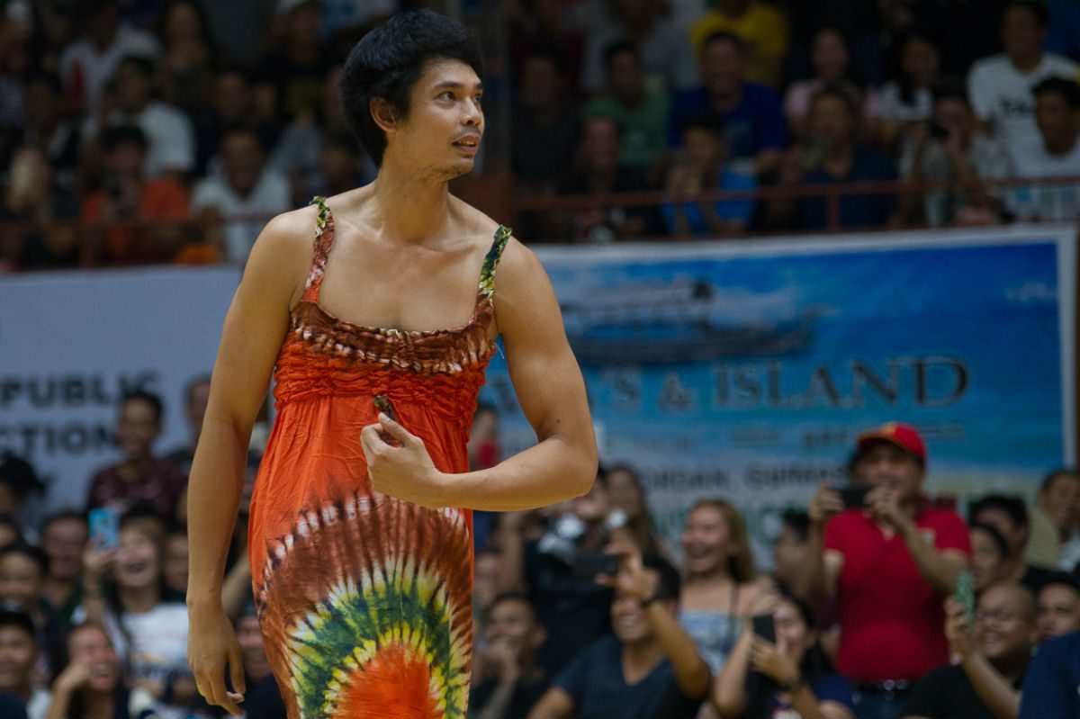FOR THE LAUGHS. Japeth Aguilar shows he is game for anything, even wearing a dress. Photo by PBA Images  