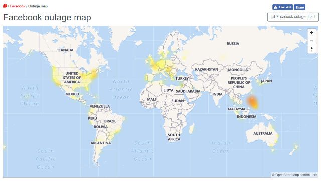 FACEBOOK DOWN? A screenshot of Downdetector.com's Facebook outage map as of 4:30 pm on September 15, 2019. 