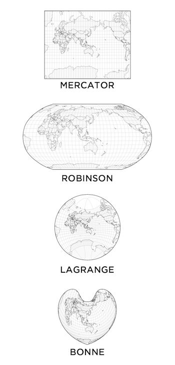 MAP PROJECTIONS. Four examples of map projections. Compiled from www.jasondavies.com