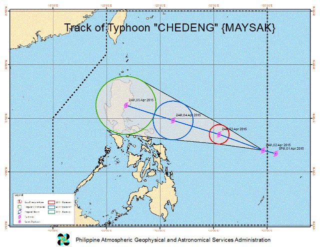Track of Typhoon Chedeng as of 2 am Thursday, April 2. Image courtesy of PAGASA   