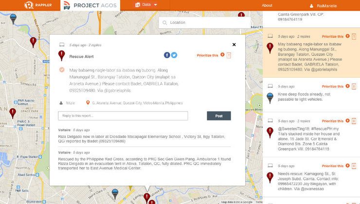 PROJECT AGOS. Using Rappler's disaster information system, netizens help send rescuers to a woman in labor on an emergency during Tropical Storm Mario (Fung-Wong)