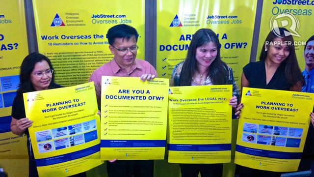 LEGAL. POEA Deputy Administrator Amuersina Reyes, POEA Administrator Hans Leo Cacdac, Jobstreet.com Country Manager Mary Grace Colet, and Jobstreet Marketing Manager Carolyn Enriquez campaign against illegal recruitment of OFWs. Photo by Ace Tamayo/Rappler 