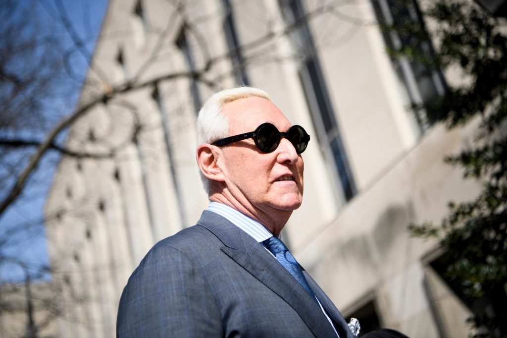 ROGER STONE. In this file photo taken on February 21, 2019, former campaign advisor to US President Donald Trump, Roger Stone, arrives at US District Court in Washington, DC. File photo by Brendan Smialowski/AFP 