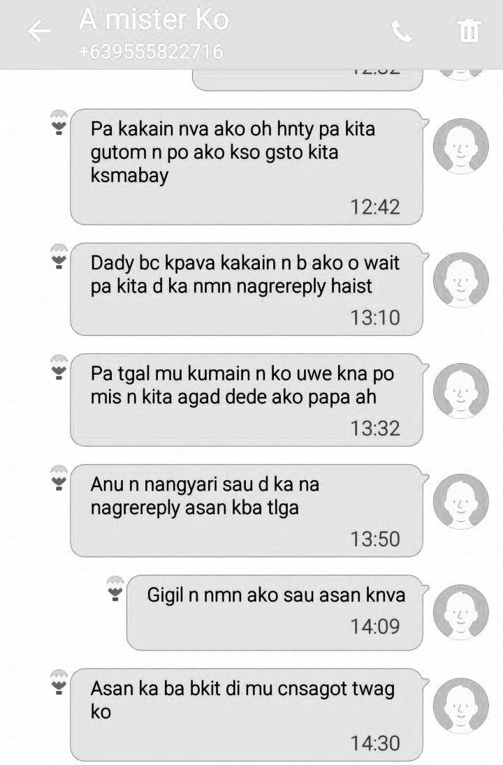 UNRESPONSIVE. Jerson Sta Rita stops answering text messages from his wife Mary at lunchtime.  Screenshot courtesy of Mary Sta Rita 