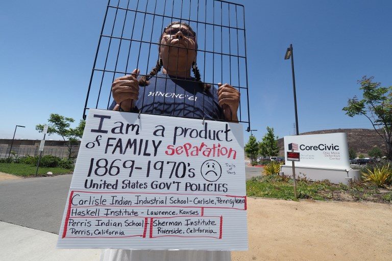 DETAINED. Protestor Lydia West, 53, of the Cheyenne and Arapaho native American tribes, protests US immigration policy that separates parents from their children, June 23, 2018 outside the Otay Mesa Detention Center in San Diego, California. Photo by Robyn Beck/AFP 