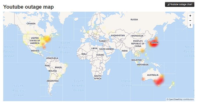 YOUTUBE OUTAGE. Outage map as of 10:10 pm, Philippine time.  Screen shot from DownDetector.com  