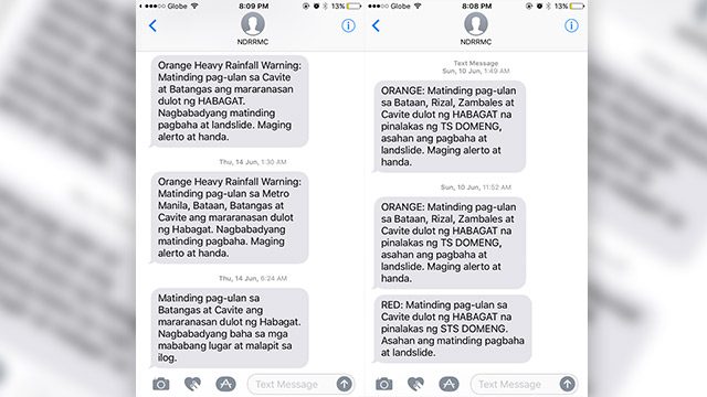 ALERTS. The NDRRMC sends mobile alerts based on PAGASA rainfall warnings. 