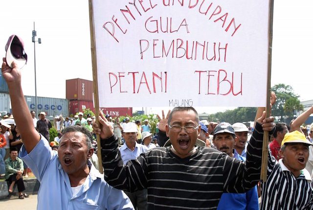 Petani tebu berdemonstrasi di Jakarta, Mei 2004. Foto Ardiles Rante/EPA 