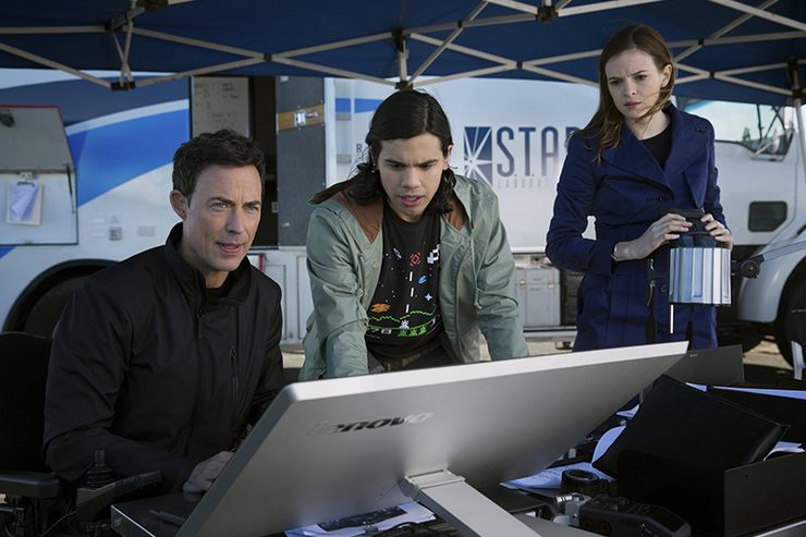 STELLAR CAST. Dr. Harrison Wells with Cisco Ramon and Dr. Caitlin Snow