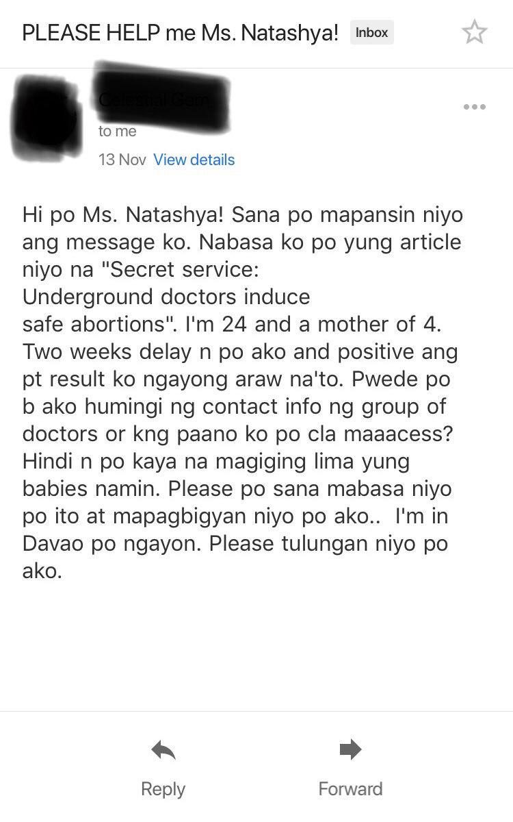 DESPERATION. A woman asks for help to find a safe abortionist. Photo from Natashya Gutierrez 