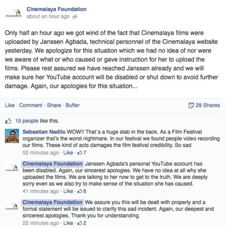 APOLOGIES. The Cinemalaya Foundation's statement in response to the unauthorized uploads. Screenshot from the Cinemalaya Foundation Facebook page