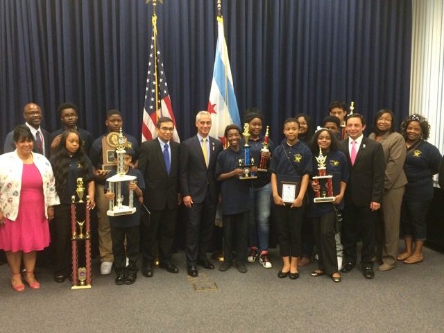 APPLAUSE. Chicago Mayor Rahm Emanuel (to Joseph Ocol's left) recognizes winning students in City Hall on June 22, 2016. Photo courtesy of Joseph Ocol 