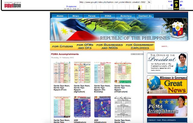 DIMANA SEKARANG?  Bagian kinerja mantan Presiden Gloria Macapagal Arroyo di www.gov.ph versi 9 Juni 2010.  Tangkapan layar dari Arsip Internet 