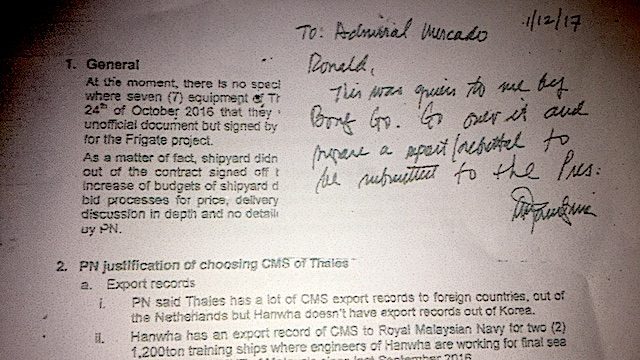 POST-IT NOTE. Defense Secretary Delfin Lorenzana asks former Philippine Navy chief Vice Admiral Ronald Mercado to respond to issues raised by Special Assistant to the President Christopher Go about the P15.7-billion project to acquire Philippine warships. Screenshot of a sourced document  