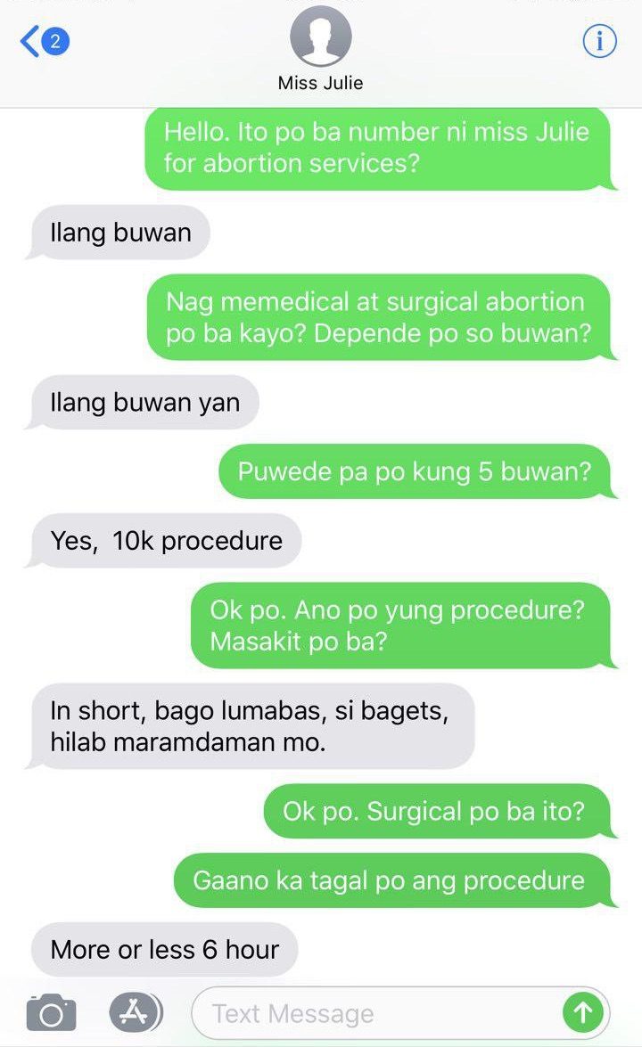 PRICE AND PROCEDURE. A text exchange between Miss Julie and a potential client. Photo obtained by Rappler. 