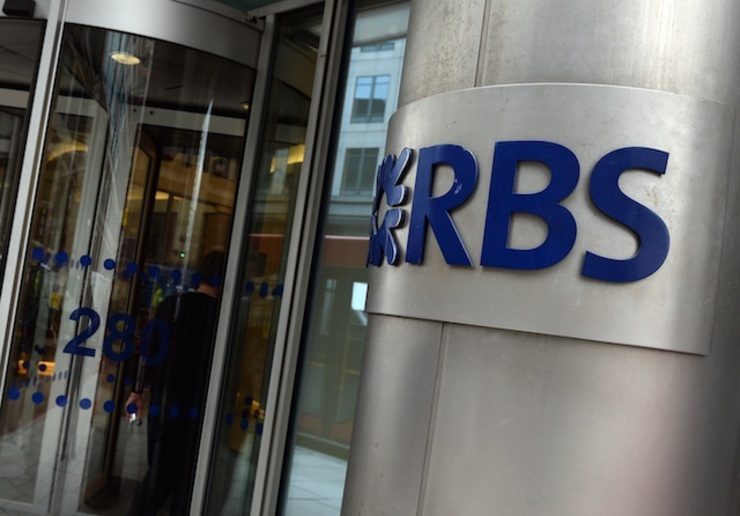 The logo of Royal Bank of Scotland (RBS) is attached at the entrance to the RBS headquarters in London, Britain, 02 May 2014. Andy Rain/EPA