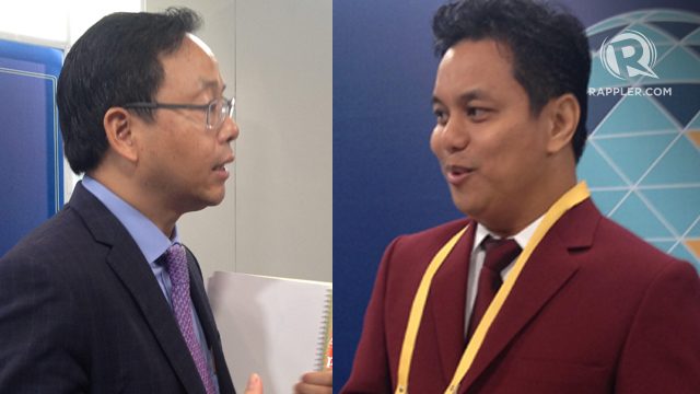 RESULTS. PwC officials (from left) David Wu and Alexander Cabrera share the results of the 2015 APEC CEO survey on Monday, November 16, 2015, released ahead of the APEC Economic Leaders' Meeting. Photo by Lynda C. Corpuz/Rappler   
