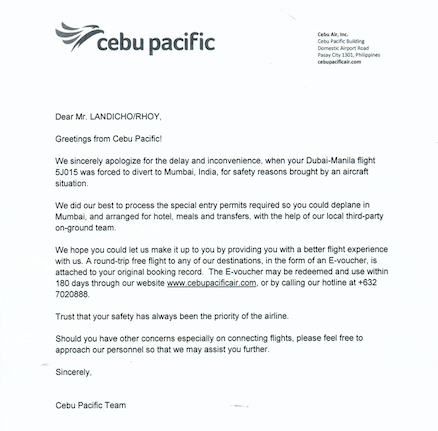 The apology letter sent to passengers of flight 5J015. 